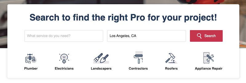 Search interface with text "Search to find the right Pro for your project!" Input fields for service type and location, a red search button, and icons for Plumber, Electricians, Landscapers, Contractors, Roofers, and Appliance Repair.