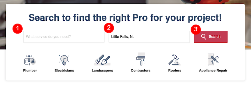 Search interface for finding professionals by service and location, with search button and icons for various services such as plumber, electrician, landscaper, contractor, roofer, and appliance repair.