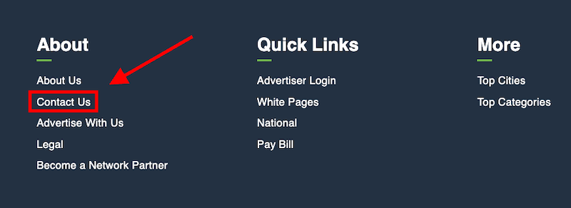 Website footer with three sections: About, Quick Links, and More. "Contact Us" in the About section is highlighted by a red arrow and box. Other links include Advertiser Login, White Pages, National, Pay Bill, Top Cities, and Top Categories.