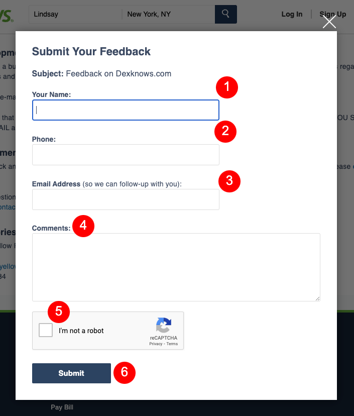 Form for submitting feedback on Dexknows.com with fields for name, phone, email address, and comments. Includes a CAPTCHA and "Submit" button at the bottom.