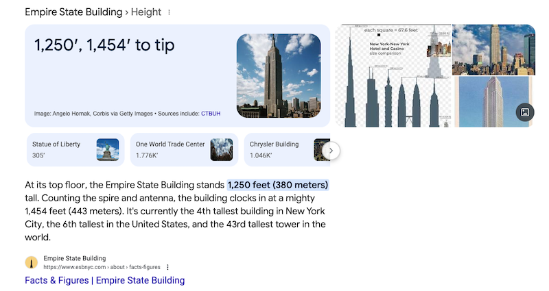 A Google search result, complete with the Business Panel, reveals the Empire State Building's height at 1,250 feet, or 1,454 feet to the tip. Images and related sites include landmarks like the Statue of Liberty, One World Trade Center, and Chrysler Building.