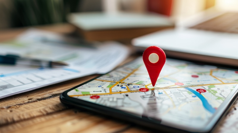 A smartphone on a wooden table showcases a digital map with a prominent red location pin, reminiscent of the Google Business Panel interface. Blurred papers and objects in the background hint at a setting focused on planning or navigation.