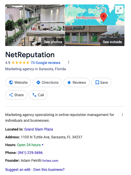 This screenshot showcases the Google business panel for NetReputation, a marketing agency in Sarasota, Florida. Featuring a map, photos, a 4.9-star rating, contact details, operating hours, reviews, and located at 1100 N Tuttle Ave, Sarasota, FL 34237.