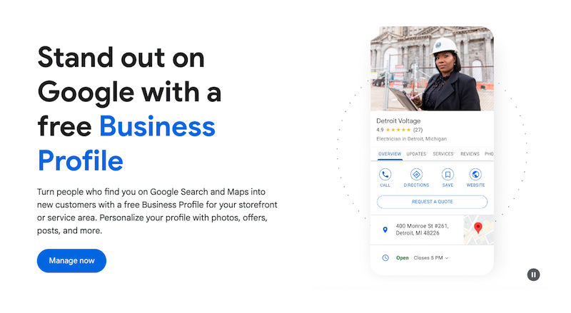 Promotional image for Google Business Profile. Left side highlights free profiles to attract customers using the intuitive Google business panel. Right side showcases a sample profile of an electrician in Detroit with photo, contact details, and location. A "Manage now" button is below.