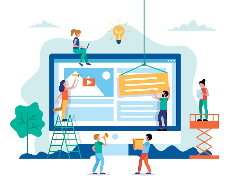 Illustration of people working together to design a website, emphasizing how teamwork can protect your brand reputation. A large computer screen displays web layout elements, while individuals on ladders collaborate with icons like a lightbulb and chat symbols, set against a backdrop of trees and clouds.