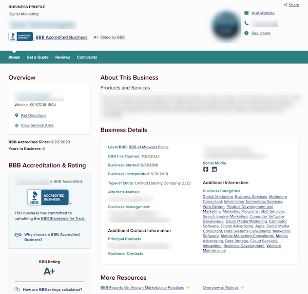 Image of a business profile webpage for a digital marketing company. It includes accreditation information, business details, and tips on how to remove a BBB complaint. Social media links and resources on marketplace practices are also visible.