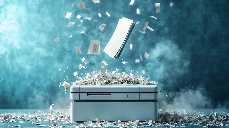 A photocopier surrounded by flying paper and shredded pieces against a blue, misty background mirrors the chaos of keeping data secure. The swirling paper hints at the whirlwind of knowing how to protect your privacy online in this relentless digital age.