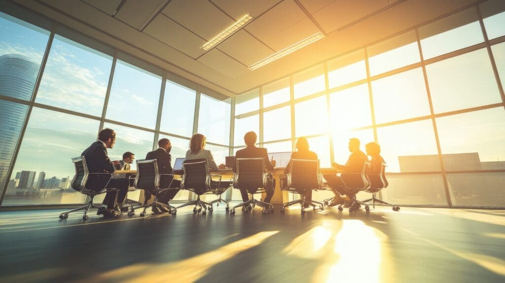 Silhouettes of businesspeople in a sunrise-lit meeting room with large glass windows, discussing strategies in a modern office.