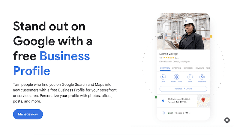 A Google promotional graphic highlights a free business profile service with integrated review management. A smartphone screen shows a profile for "Detroit Voltage," featuring a person in a hard hat. The text promotes personalized profiles and includes a "Manage now" button.