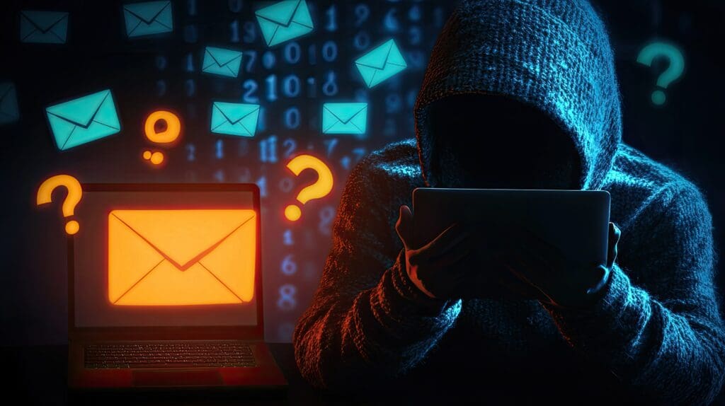 A hooded figure types on a laptop in a dimly lit room. A glowing orange envelope icon and question marks illuminate the screen, surrounded by floating email icons and binary code. The scene hints at hacking, emphasizing the importance of knowing how to protect your privacy online.