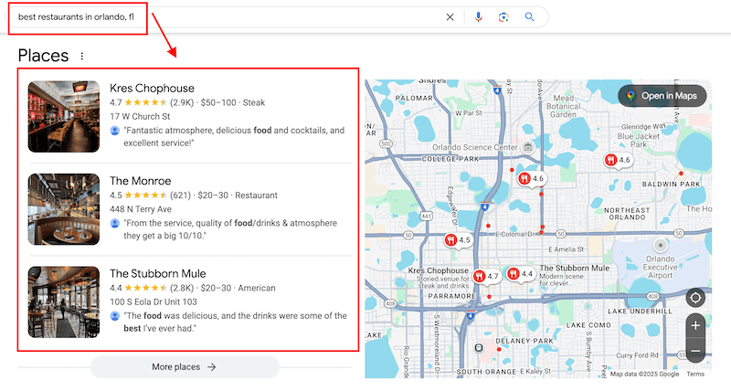 A Google search results page for "best restaurants in Orlando, FL" features ratings and brief descriptions for Kres Chophouse, The Monroe, and The Stubborn Mule. On the right, a map with marked locations aids discoverability, while effective Google review management enhances each restaurant's online presence.