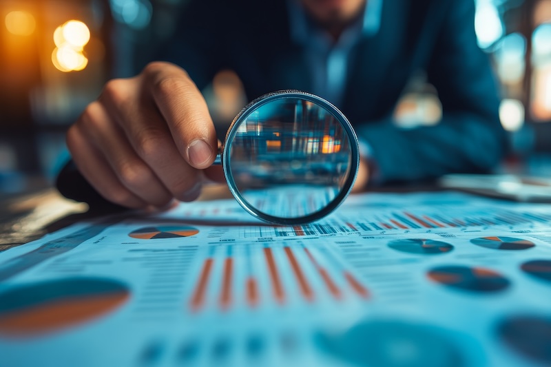 A person holds a magnifying glass over a financial report with various graphs and charts, emphasizing the data. The background blurs while focusing on the documents, a crucial step to protect your brand reputation through informed decision-making.