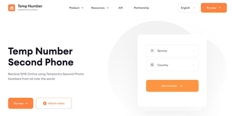 Explore Temp Number's homepage, your go-to for receiving SMS online with temporary numbers. Effortlessly select a service and country using the dropdown menu. Click the vibrant orange "Get Number" button to get started instantly—an ideal solution for seamless communication in online dating.