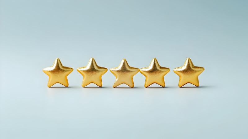 Five gold stars, much like those seen in top Yelp business reviews, are perfectly aligned on a light blue background.