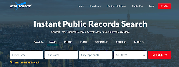 Screenshot of the InfoTracer website homepage. "Instant Public Records Search" is prominently displayed, with options to search by name, phone, email, username, or address. Search fields for first name, last name, city, and state are visible, along with a red search button.