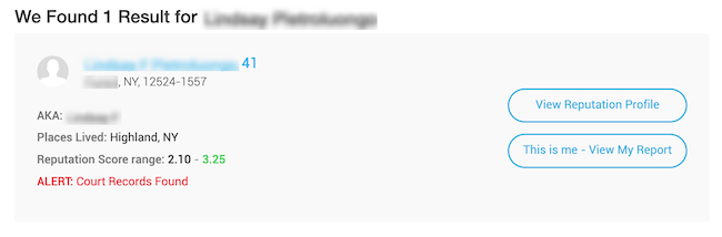 Search result showing a person's profile with blurred name and details. Reputation score range is 2.10 - 3.25. There is an alert for court records found. Options to view reputation profile or access the report are available.