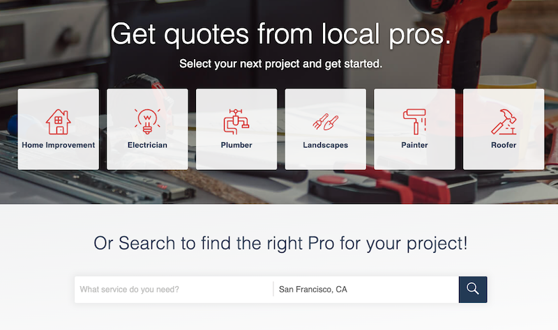 A webpage interface for getting quotes from local professionals. Categories shown are Home Improvement, Electrician, Plumber, Landscapes, Painter, and Roofer. A search bar below allows users to find the right professional for their project, specifying San Francisco, CA.