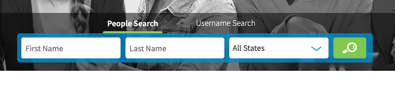 A search interface overlaying a grayscale photo of people, featuring text fields for "First Name," "Last Name," a dropdown for "All States," and a search icon button.