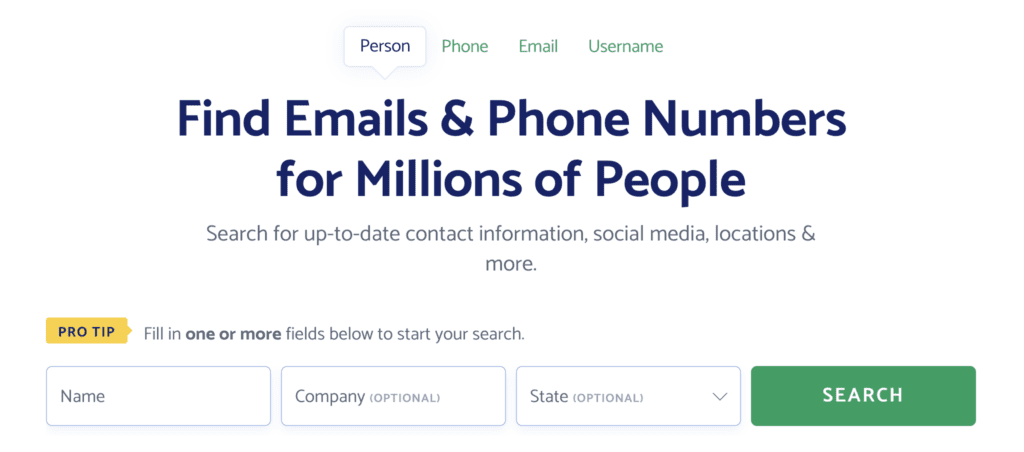 Screenshot of a webpage offering a search service to find emails, phone numbers, and other contact details for millions of people. The search form includes fields to enter a person's name, company, and state. There is a green search button to initiate the search.