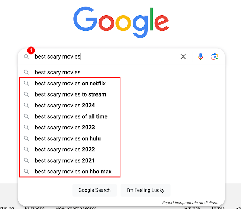 Google search suggestions appear under "best scary movies," including options for streaming platforms and various years from 2021 to 2024.