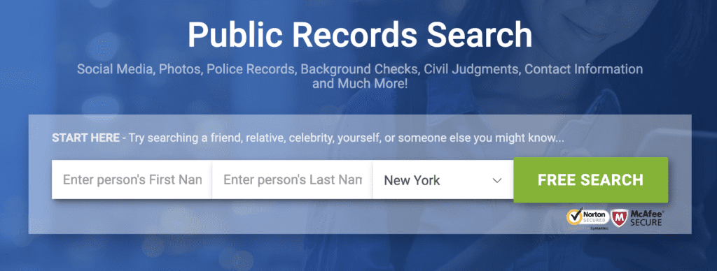 A screenshot of a public records search webpage. The page features a search bar with fields for entering a person's first name, last name, and location, specifically set to "New York". There is a green "FREE SEARCH" button and security logos for Norton and McAfee at the bottom.