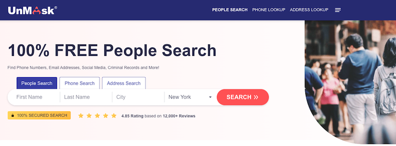 Screenshot of the UnMask website homepage. Features a header with options for People Search, Phone Lookup, and Address Lookup. Text advertises "100% FREE People Search." Below is an input form for first name, last name, city, and state, with a red "Search" button.