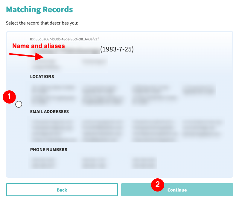 A webpage titled "Matching Records" with options to select various personal records. Highlighted are sections for "Name and aliases," "Locations," "Email Addresses," and "Phone Numbers." Navigation buttons include a "Back" button on the left and a "Continue" button on the right.