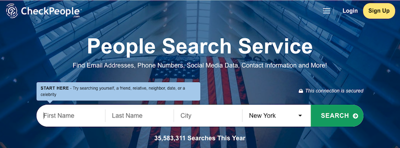 A screenshot of the CheckPeople website. The homepage showcases a search service with fields for first name, last name, city, and state, set to New York. A search button is on the right. The background features an American flag, and the top right has "Login" and "Sign Up" buttons.