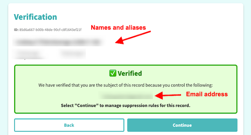 A verification screen with a header labeled "Verification" and a blurred ID at the top. Below, a green box with a check mark reads "Verified," confirming control over the email address provided. Buttons labeled "Back" and "Continue" are at the bottom.