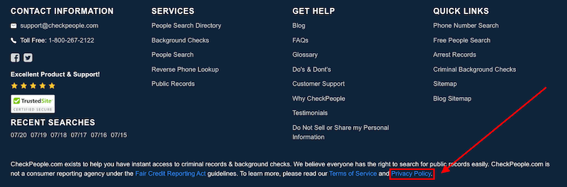 A website footer displaying contact information with email and phone support, services including people search and reverse phone lookup, help links, and quick links. The "Privacy Policy" link is highlighted with a red arrow. TrustedSite and BBB logos are also visible.