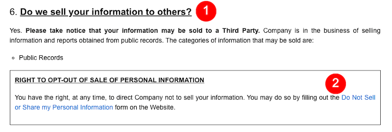 A section of a document discussing the sale of personal information. The section titled "Do we sell your information to others?" explains that the company may sell information to third parties, particularly from public records, and provides an opt-out option link.