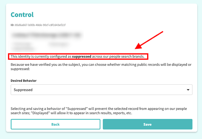 A screenshot of a "Control" page showing details related to identity configuration for people search brands. A red arrow points to the text: "This identity is currently configured as suppressed across our people search brands." The options "Suppressed" and "Displayed" are available.