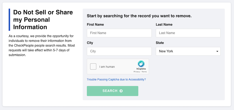 A webpage allows users to request the removal of their personal information from search results. On the right, a form asks for first name, last name, city, and state, with a CAPTCHA box. The left side provides brief instructions and a note about processing times.