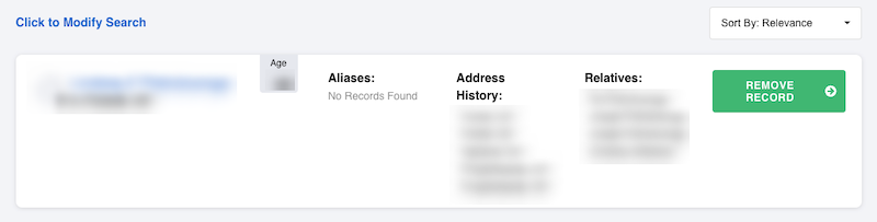 A blurred out search result interface showing details like age, aliases, address history, and relatives. There are options to sort by relevance and to remove the record. The "Click to Modify Search" option is visible at the top left corner.