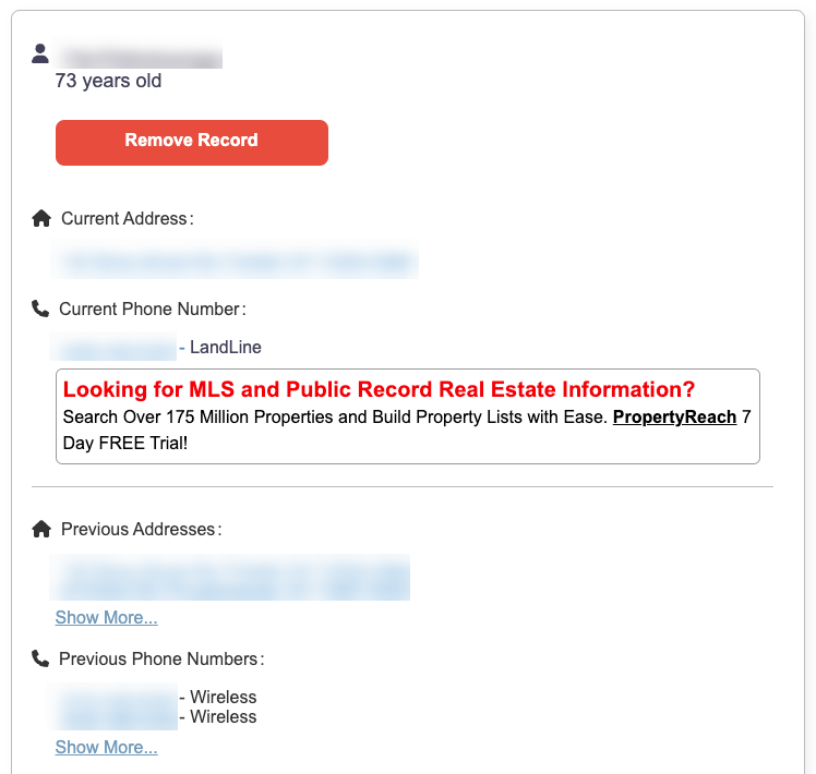 A web page displaying an individual's record information, including age, current address, and phone number, as well as previous addresses and phone numbers. A section promotes a 7-day free trial for MLS and public records from PropertyReach. Users can also easily opt out through USPhoneBook Opt Out.