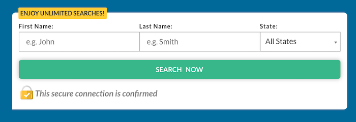 A search form with fields for first name, last name, and state, with placeholder examples "John" and "Smith." There's a green "Search Now" button and a yellow notification saying "Enjoy unlimited searches!" A padlock icon indicates a secure connection.