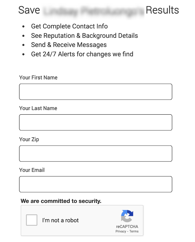 A web form with fields for first name, last name, zip, and email. Checkboxes indicate features like contact info, reputation details, message sending, and alerts. A reCAPTCHA box with "I'm not a robot" option is visible at the bottom.