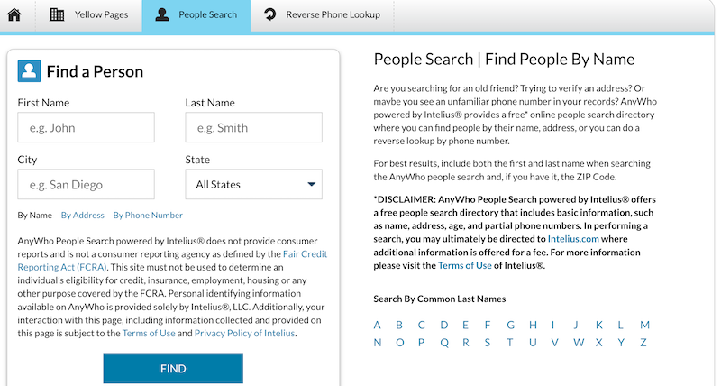 Screenshot of a people search webpage. The left side has fields to input first name, last name, and city for searching people, along with a search button. The right side provides information on finding people by name and includes a disclaimer and common last names for searching.