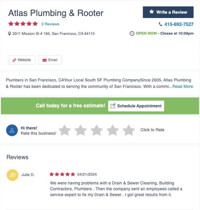 A screenshot of a business listing for Atlas Plumbing & Rooter. The listing includes the address, opening hours, contact number, and options to write a review or schedule an appointment. Below the listing, a 5-star review from Julie D. dated 04/21/2024 is displayed with a positive comment.