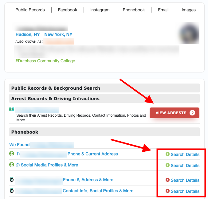 A screenshot of a web page showing a section titled "Public Records & Background Searches" and multiple records listed with options for "Search Details" and "View Arrests". Red arrows point to key features.