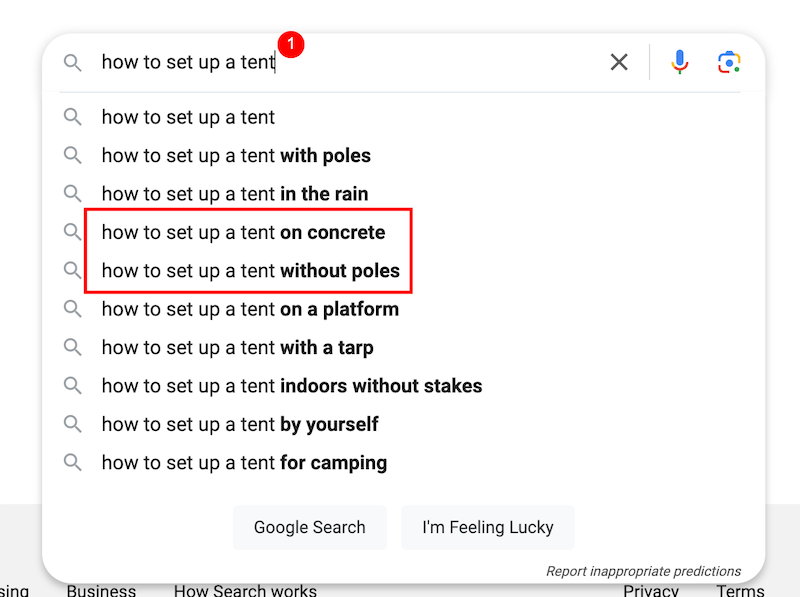 Google search suggestions for "how to set up a tent" include options like "with poles," "in the rain," "on concrete," and "without poles." The search results are accompanied by "Google Search" and "I'm Feeling Lucky" buttons.