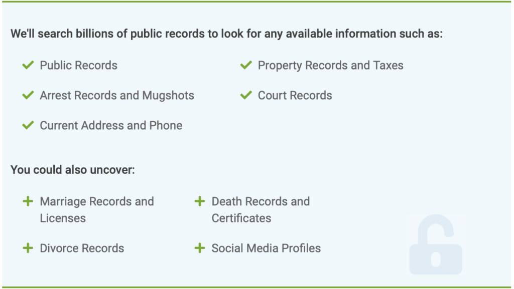 An infographic listing types of public records that can be searched. Includes checkmarks for Public Records, Arrest Records, Current Address, Property Records, and Court Records. Plus signs for Marriage Records, Divorce Records, Death Records, and Social Media Profiles.