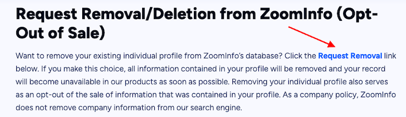 Screenshot of a webpage titled "Request Removal/Deletion from ZoomInfo (Opt-Out of Sale)". The page contains instructions for removing a profile from ZoomInfo's database, stating that clicking the "Request Removal" link will remove the profile and related information.