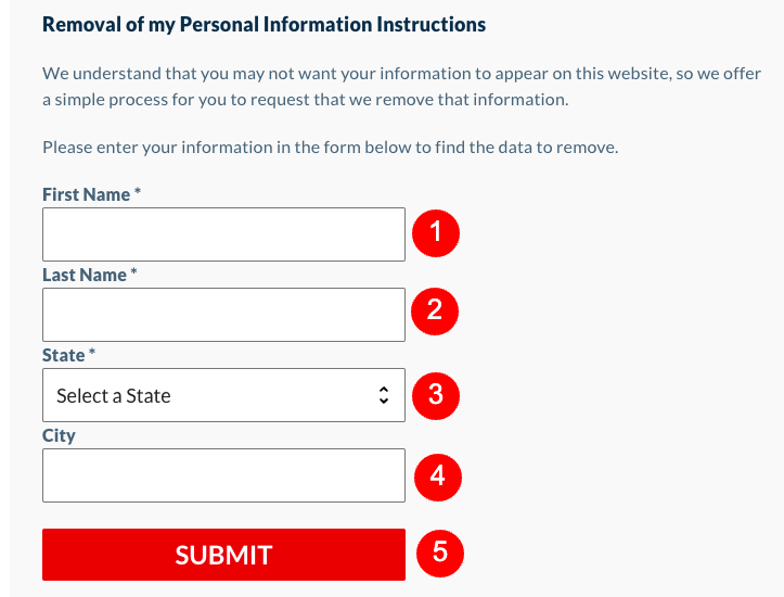 A form titled "Removal of my Personal Information Instructions." It includes fields for "First Name," "Last Name," and "State," a dropdown menu for selecting a state, a field for "City," and a red "SUBMIT" button at the bottom.