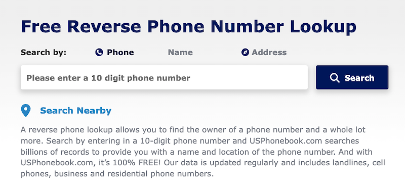 Screenshot of a webpage titled "Free Reverse Phone Number Lookup" with options to search by Phone, Name, or Address. Below is a text box to enter a 10-digit phone number and a button labeled "Search." A description explains the service’s features and benefits, including USPhoneBook Opt Out procedures.