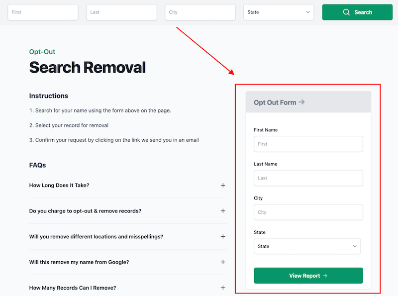 A screenshot of a webpage displaying an opt-out search removal service. There is an "Opt-Out Form" on the right side with fields for first name, last name, city, state, and a button labeled "View Report". The left side has instructions and FAQs on the removal process.