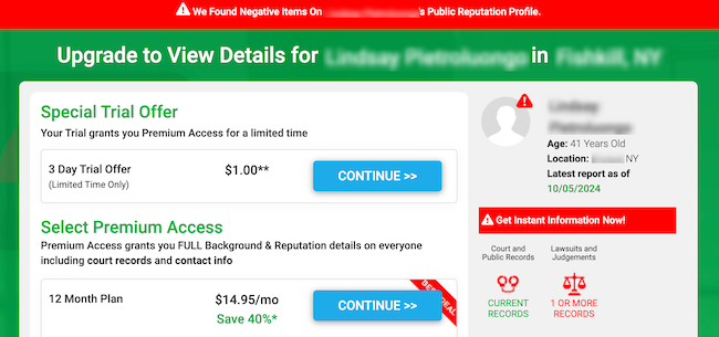 Screenshot of a website offering a trial for premium access to view detailed personal records. It includes options for a 3-day trial at $1.00 and a 12-month plan at $14.95/month. A warning mentions negative items on a public reputation profile.