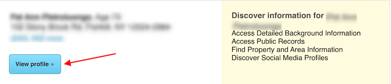 A blurred section of a website indicates limited visibility of text on the left. To the right, a section titled "Discover information for" lists options: Detailed Background Information, Access Public Records, Property and Area Information, and Social Media Profiles.