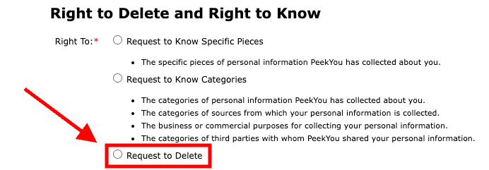 Screenshot highlighting the "Request to Delete" option on a form discussing "Right to Delete and Right to Know," marked with a red arrow pointing at the selected checkbox.