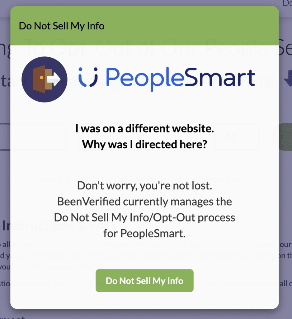 A pop-up message from "PeopleSmart" notifies users that they were redirected from another website to manage their "Do Not Sell My Info" preferences with PeopleSmart, a service currently managed by BeenVerified. There is a "Do Not Sell My Info" button at the bottom.